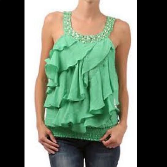 2/$30 Vintage Esmoda Frilly Ruffle Green Beweled tank - Picture 1 of 5